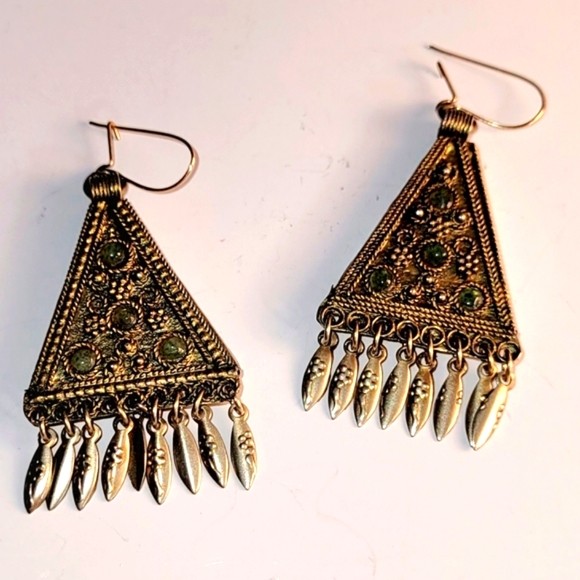 Vintage Brass with Green Stones Triangle Earrings Made in Israel - Picture 3 of 5